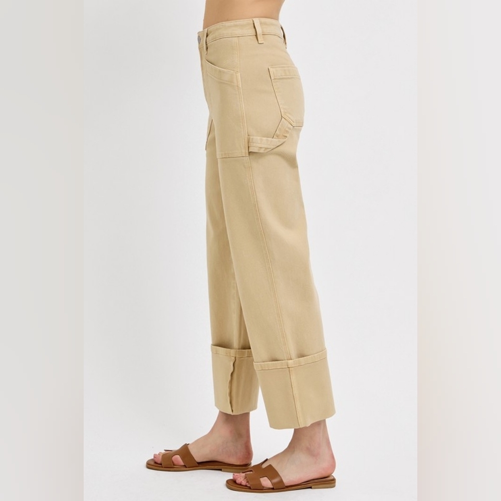 Risen High Rise Straight Wide Leg Cuffed Patch Pocket Jeans Tan Various NEW - Picture 3 of 5